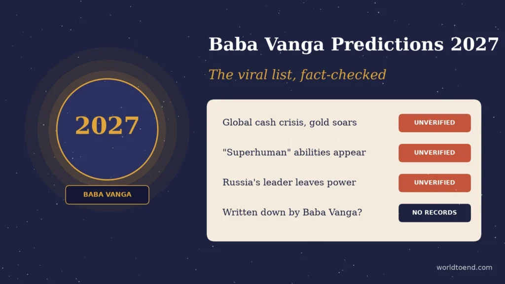 Graphic titled Baba Vanga Predictions 2027, the viral list fact-checked, marking each viral claim as unverified