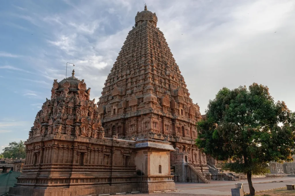 The towering stone Brihadeeswarar Temple in Thanjavur, India, an 11th-century Hindu temple