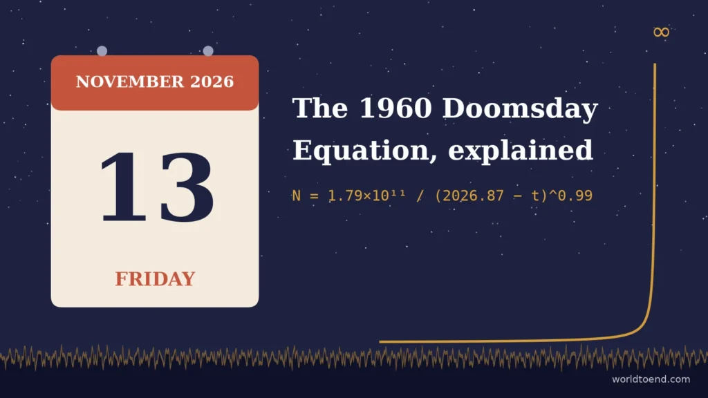 Calendar page showing Friday 13 November 2026 beside the 1960 doomsday equation and a curve rising to infinity