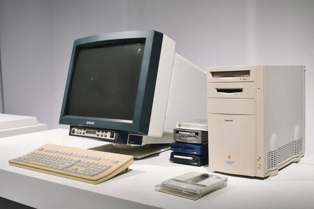 A late-1990s desktop computer with a bulky CRT monitor, the kind of system that had to be checked for the Y2K bug