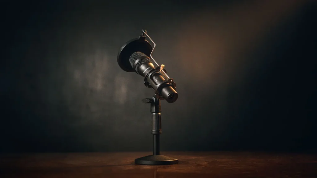 A professional podcast microphone on a stand in a dimly lit studio