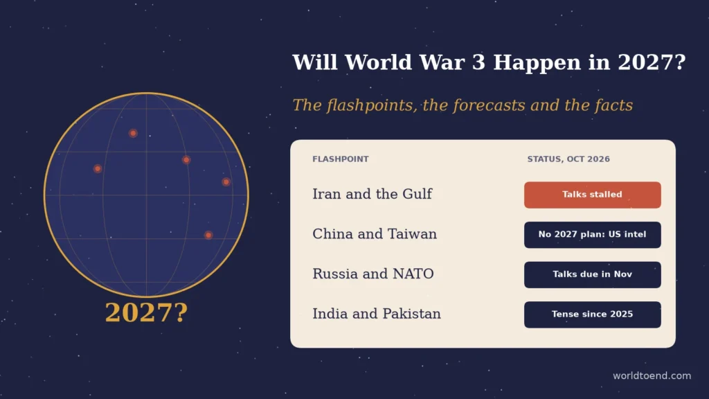 Graphic titled Will World War 3 Happen in 2027, listing the status in October 2026 of four flashpoints: Iran, Taiwan, Russia and NATO, and India and Pakistan